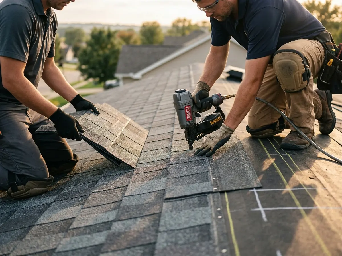 Professional roofer working on a residential roof in Dickinson